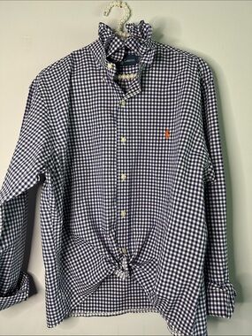 Ralph Lauren Navy & White Gingham Ruffled collar Shirt with Orange Pony